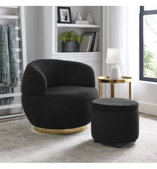 Barrel Chair with Gold Stainless Steel Base;  with Storage Ottoman;  Teddy Fabric