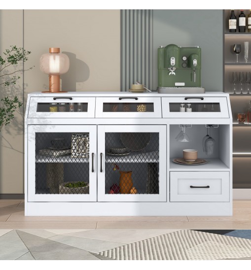 Kitchen Sideboard Multifunctional Buffet Cabinet with 4 Drawers, Mesh Metal Doors with Adjustable Shelves and Wineglass Holders