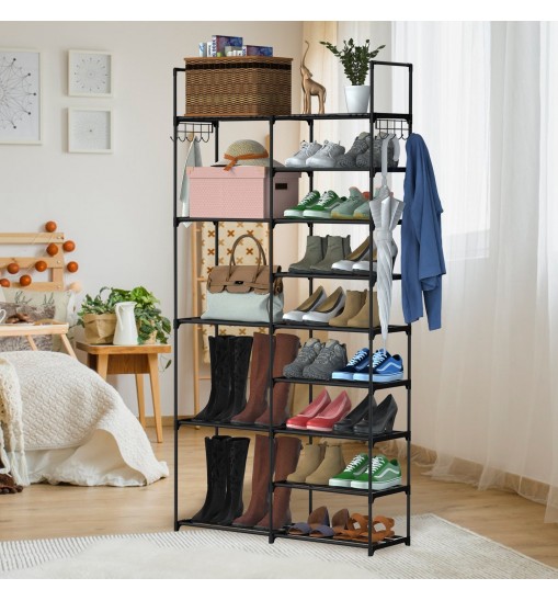 9 Tiers Plus 5 Tiers Shoe Rack Metal Shoe Storage Shelf Free Standing Large Shoe Stand 28+ Pairs Shoe Tower Unit Tall Shoe Organizer with Side Hooks for Entryway Closet Garage Bedroom