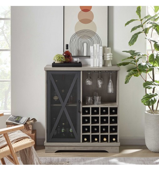 JHX Single door wine cabinet with 16 wine storage compartments (Gray, 31.50" W*13.78" D*35.43" H)