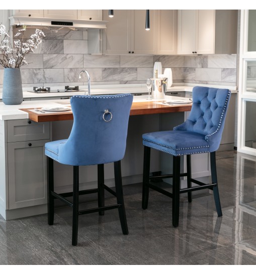 A&A Furniture,Contemporary Velvet Upholstered Barstools with Button Tufted Decoration and Wooden Legs, and Chrome Nailhead Trim, Leisure Style Bar Chairs,Bar stools, Set of 2 (Blue) 1902BL