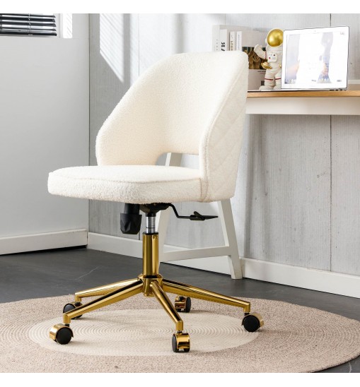 Modern Home Teddy Velvet Office Chairs, Adjustable 360 °Swivel Chair Engineering Plastic Armless Swivel Computer Chair With Wheels for Living Room, Bed Room Office Hotel Dining Room.White.