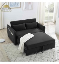 Pull-out sofa sleeper, 3-in-1 adjustable sleeper with pull-out bed, 2 lumbar pillows and side pocket, soft velvet convertible sleeper sofa bed, suitable for living room bedroom.