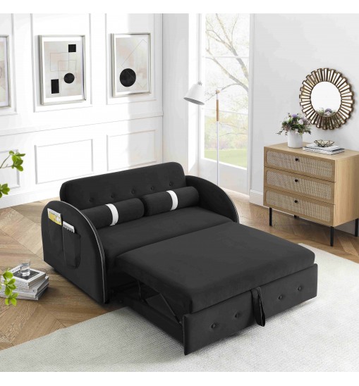 Modern 55.5" Pull Out Sleep Sofa Bed 2 Seater Loveseats Sofa Couch with side pockets, Adjsutable Backrest and Lumbar Pillows for Apartment Office Living Room