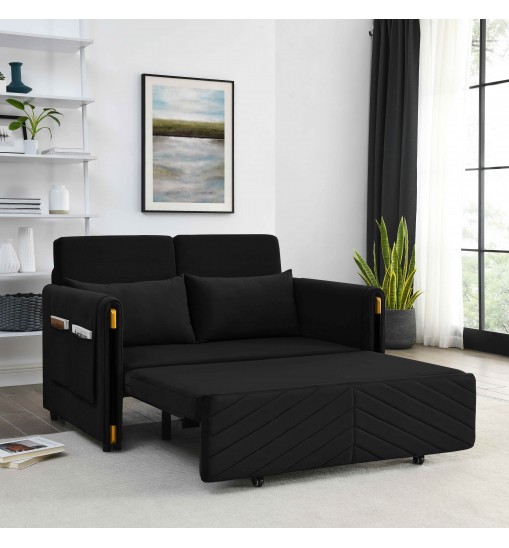 MH 54" Modern Convertible Sofa Bed with 2 Detachable Arm Pockets, Velvet Loveseat Sofa with Pull Out Bed, 2 Pillows and Living Room Adjustable Backrest, Grid Design Armrests, Black