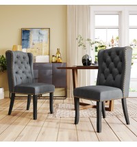 TREXM Cotton Fabric Dining Chairs Set of 2, Upholstered Dining Room Chairs with Solid Wood Legs, Wingback and Button Tufting (Dark Gray)