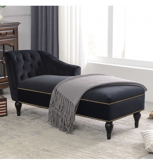 [New+Video] 58" Velvet Chaise Lounge,Button Tufted Right Arm Facing Lounge Chair with Nailhead Trim & Solid Wood Legs for Living Room or Office, Sleeper Lounge Sofa (Black)(New style of WF284880AAB)