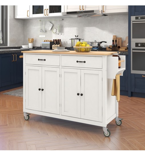 Kitchen Island Cart with Solid Wood Top and Locking Wheels,54.3 Inch Width,4 Door Cabinet and Two Drawers,Spice Rack, Towel Rack (White)