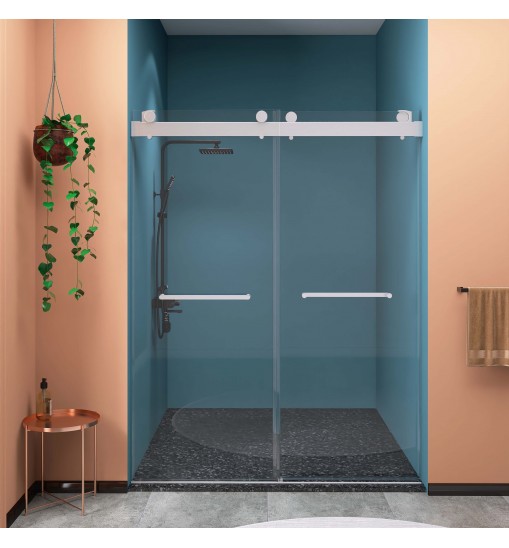 Frameless Double Sliding Shower, 69" - 72" Width, 79" Height, 3/8" (10 mm) Clear Tempered Glass, , Designed for Smooth Door with Clear Tempered Glass and Stainless Steel Hardware Brushed Nickel