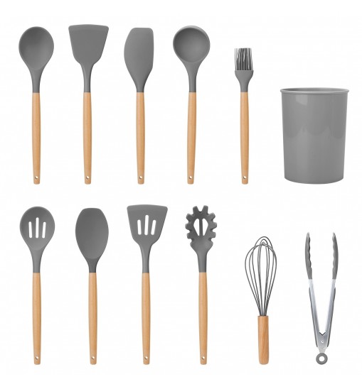 11Pcs Silicone Cooking Utensil Set Heat Resist Wooden Handle Silicone Spatula Turner Ladle Spaghetti Server Tongs