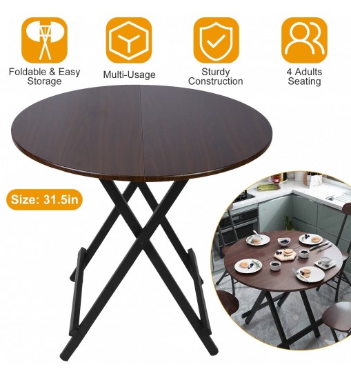 31.5in Round High Top Folding Table 2.6FT Iron Bar Foldable Wooden Dining Desk