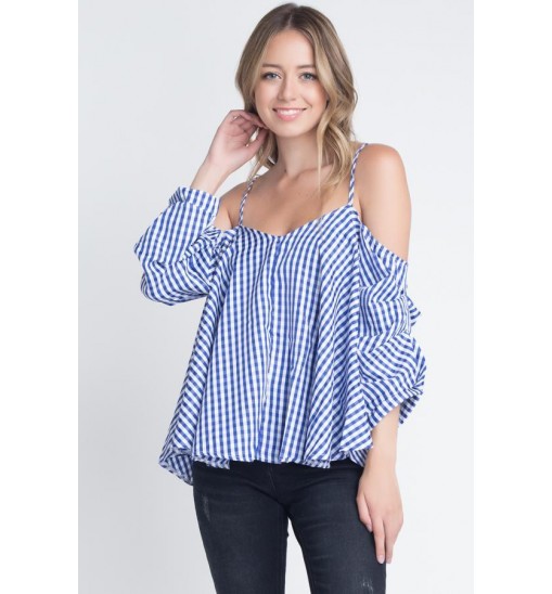 Women's Cold Shoulder Checkered Top