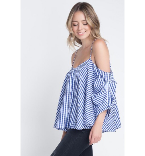 Women's Cold Shoulder Checkered Top