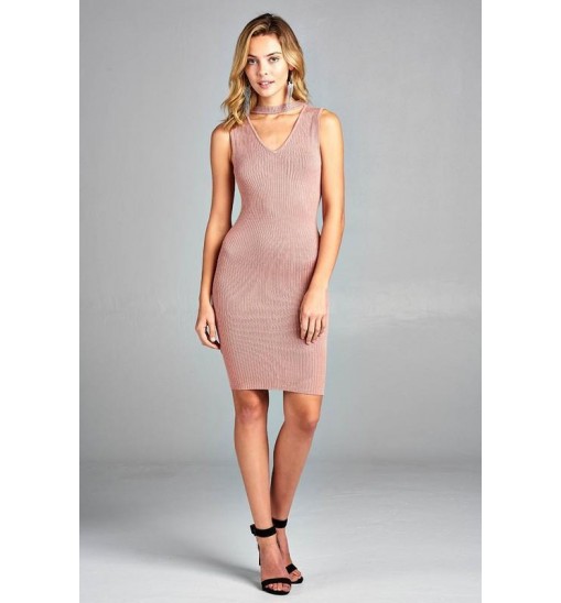 Women's Sleeveless V-Neck Choker Sweater Dress