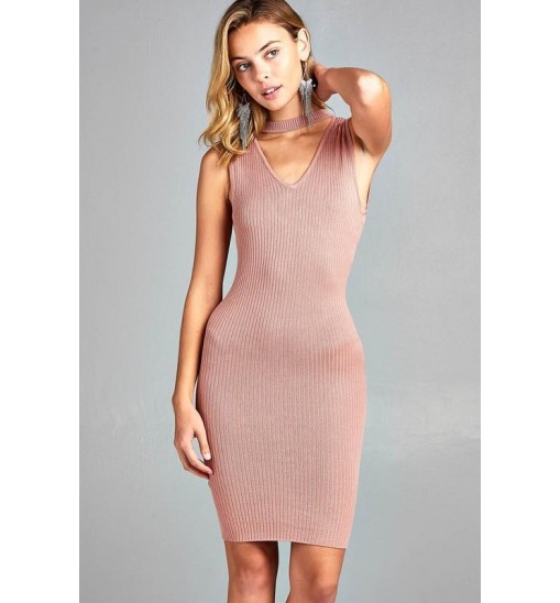 Women's Sleeveless V-Neck Choker Sweater Dress