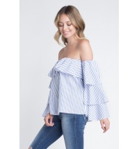 Women's Off Shoulder Stripe Ruffle Long Sleeve Top