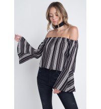 Women's Off Shoulder Casual Stripe Bell Sleeve Top