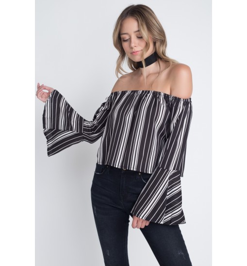 Women's Off Shoulder Casual Stripe Bell Sleeve Top