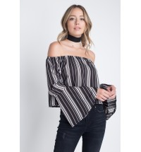 Women's Off Shoulder Casual Stripe Bell Sleeve Top