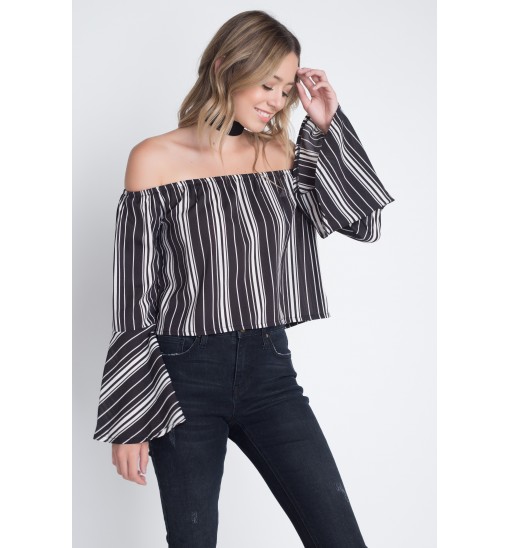 Women's Off Shoulder Casual Stripe Bell Sleeve Top