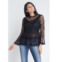 Women's Semi Lace Zipper Back Flare Sleeve Blouse