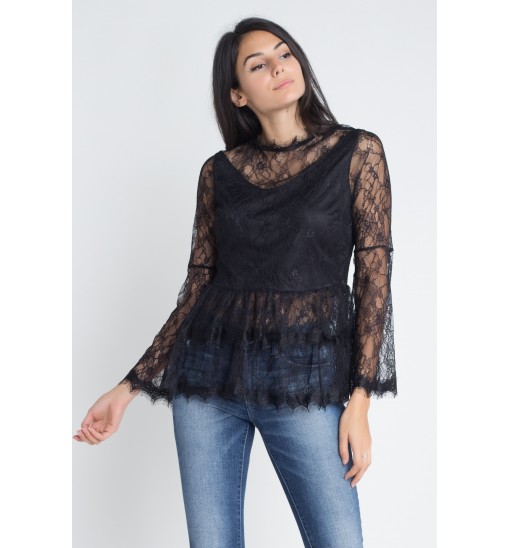 Women's Semi Lace Zipper Back Flare Sleeve Blouse