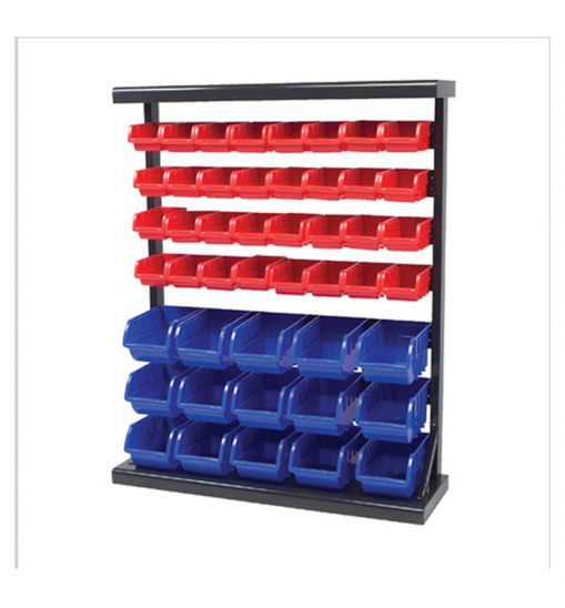 Metal storage rack w/plastic storage bins